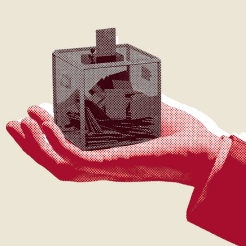 A graphic of a businessman's man holding a ballotbox