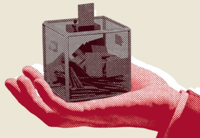 A graphic of a businessman's man holding a ballotbox