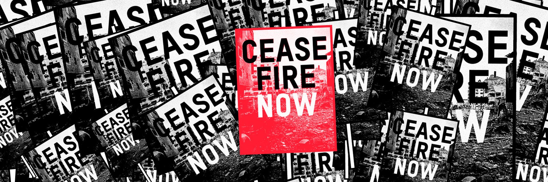 A graphic showing placards that say 'ceasefire now' on them.