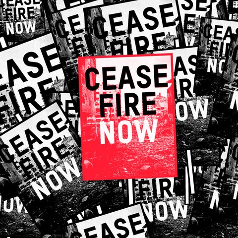 A graphic showing placards that say 'ceasefire now' on them.