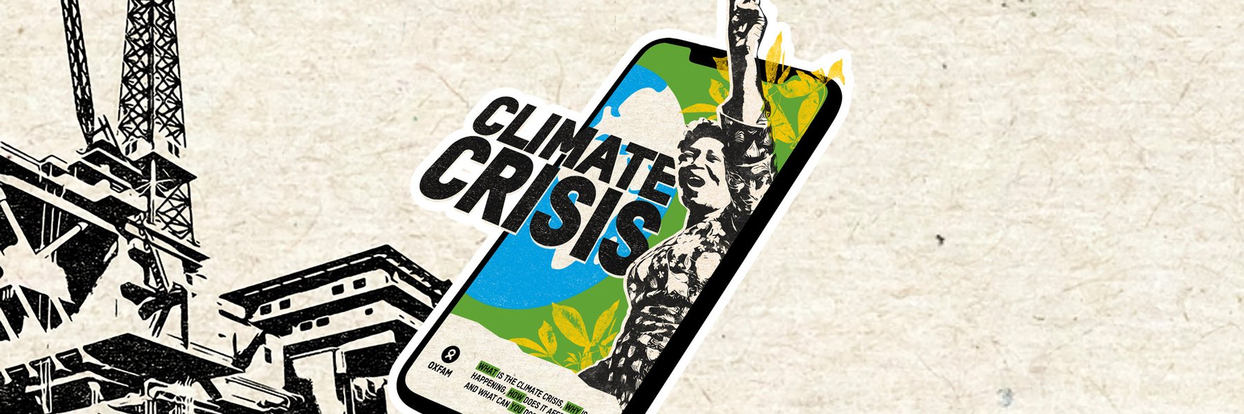 An art piece of a woman raising her hand in the air coming out of a mobile phone fighting for climate justice.