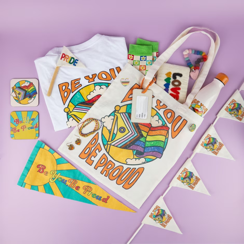 A montage of items from Oxfam's Pride range
