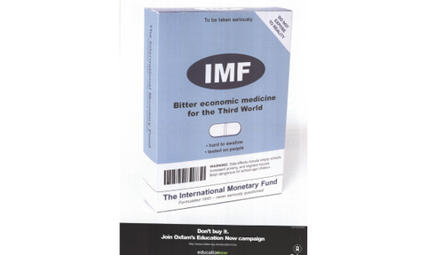A poster parodying a packet of medicine. Text reads "IMF. Bitter economic medicine for the Third World"
