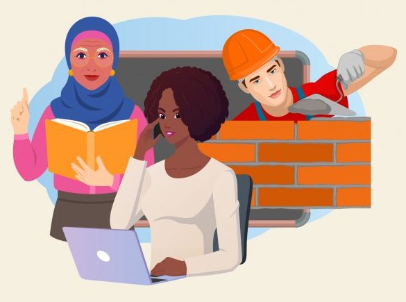 Graphic of a female teacher wearing a blue hijab and a pink blouse holding a booking and pointing, a man wearing an orange hard hat laying a brick wall and a female sat in an office chair holding her head and using a laptop.