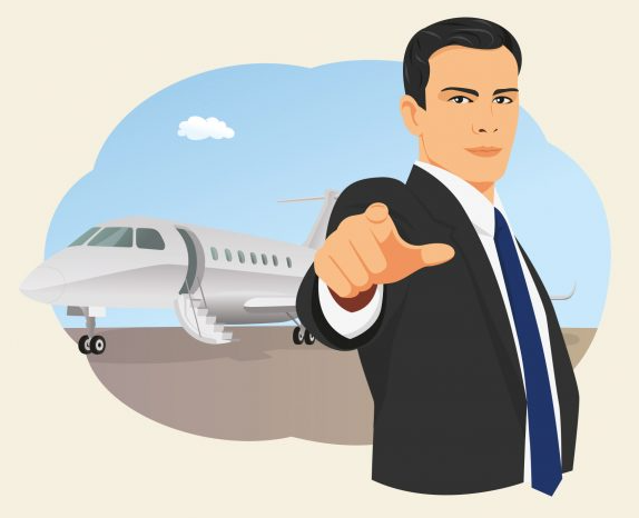 Graphic of a man in a smart dark suit stood in front of an aeroplane