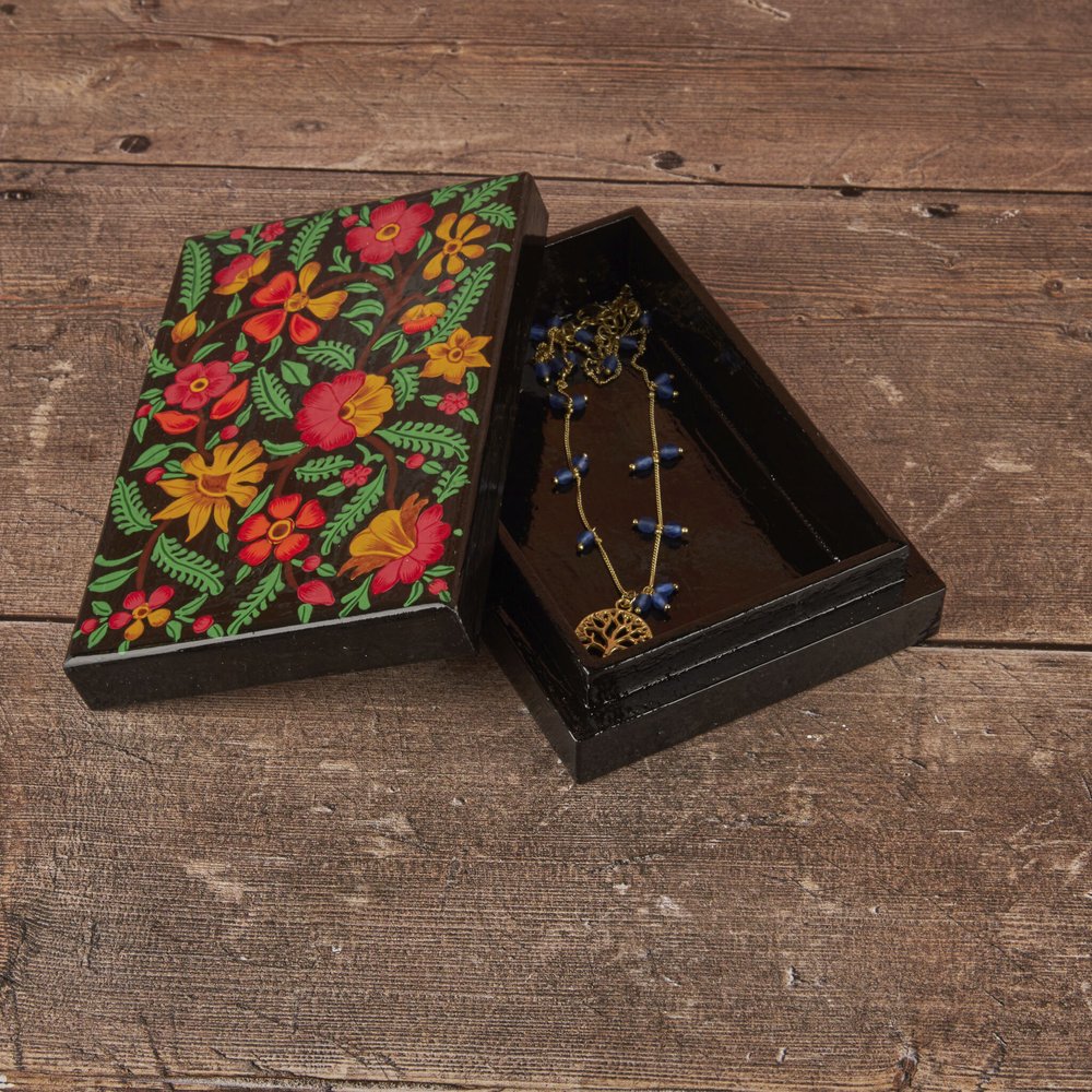 Black jewellery box with orange and yellow floral print