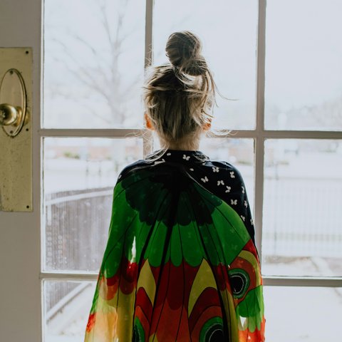 Little girl looking outside through door and window panes
