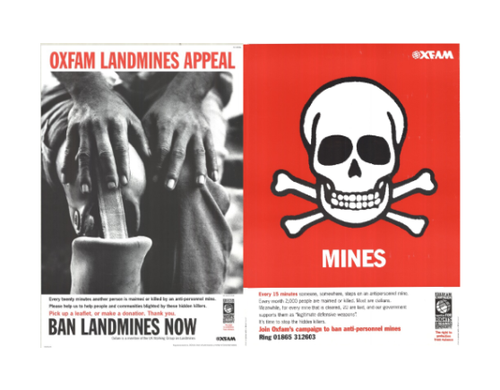 Posters promoting Oxfam's landmines appeal, featuring an image of a skull and crossbones and hands resting on a prosthetic leg.