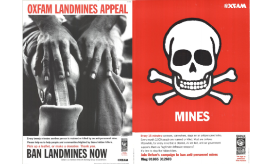 Posters promoting Oxfam's landmines appeal, featuring an image of a skull and crossbones and hands resting on a prosthetic leg.