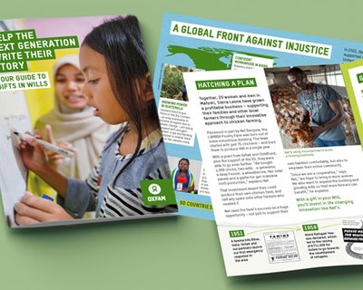 The Oxfam Gifts in Wills guide front cover and inside spread.