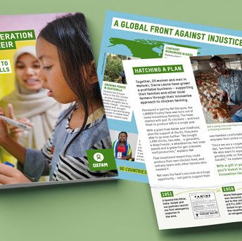 The Oxfam Gifts in Wills guide front cover and inside spread.