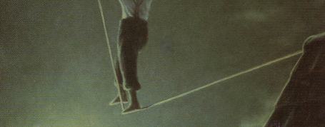 Illustration of someone walking on a tightrope at night starting from the roof of a red brick house. The person is holding the rope out in front of them, stepping on it as they walk.