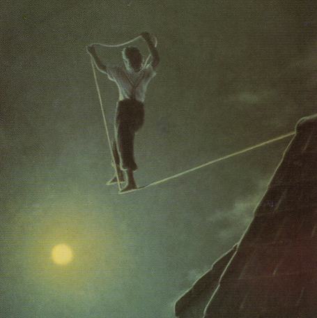 Illustration of someone walking on a tightrope at night starting from the roof of a red brick house. The person is holding the rope out in front of them, stepping on it as they walk.
