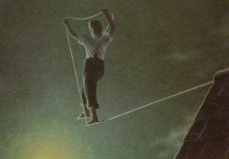 Illustration of someone walking on a tightrope at night starting from the roof of a red brick house. The person is holding the rope out in front of them, stepping on it as they walk.