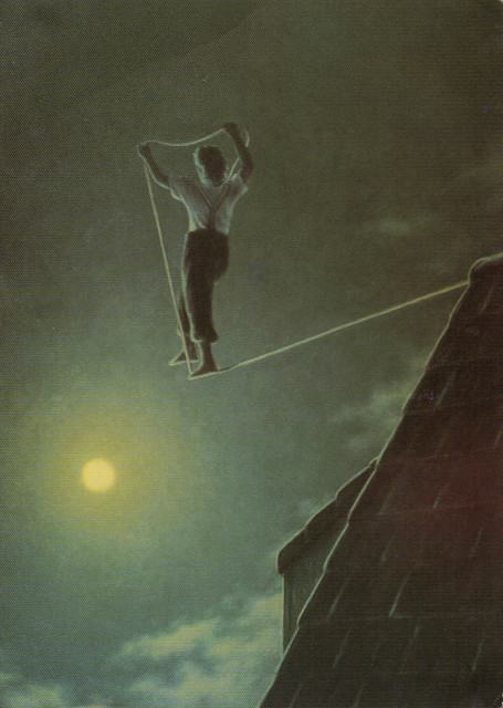 Illustration of someone walking on a tightrope at night starting from the roof of a red brick house. The person is holding the rope out in front of them, stepping on it as they walk.