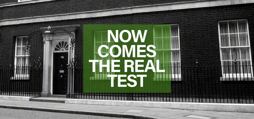 Downing street with a text overlay of 'Now comes the real test'