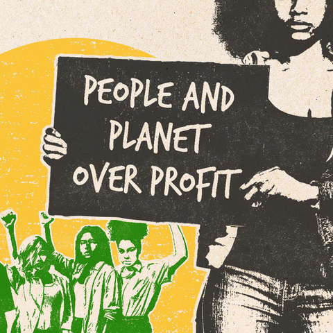 Illustration of woman holding sign saying People and Planet over profit