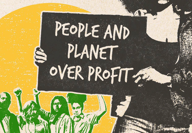 Illustration of woman holding sign saying People and Planet over profit