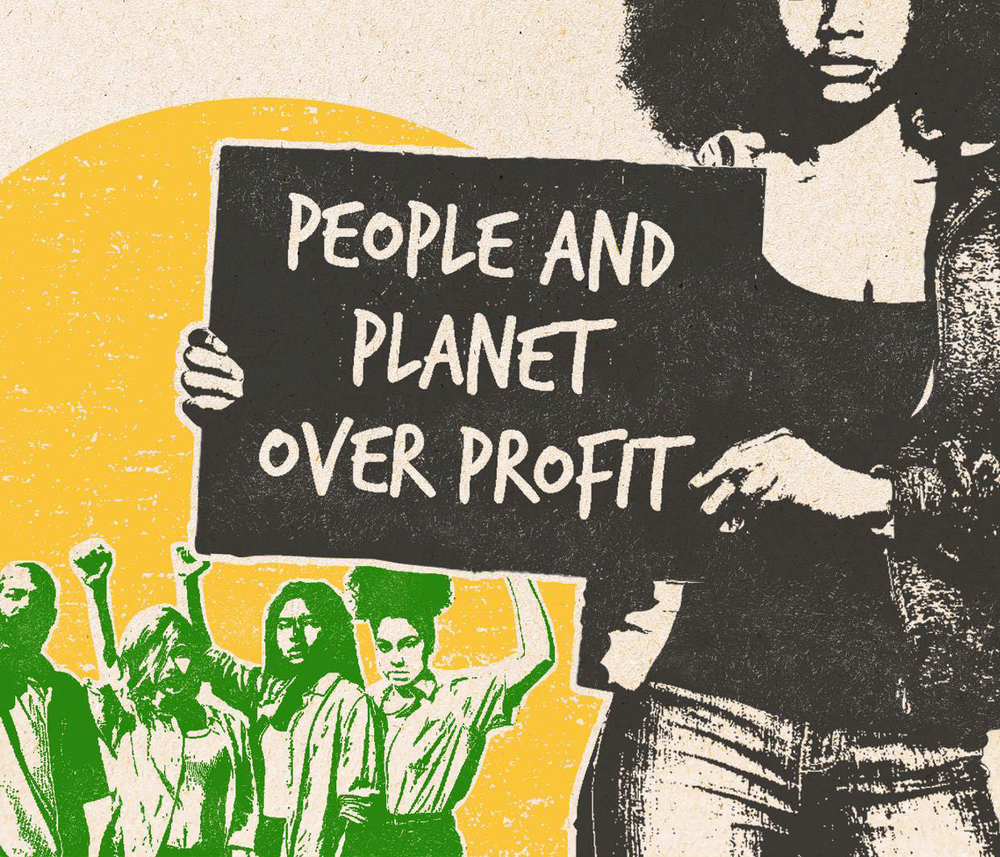 Illustration of woman holding sign saying People and Planet over profit