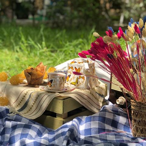 A wooden box on a blue and white checked picnic blanket draped in a beige cloth. A cupcake and a cup of tea in an ornate cup are placed on top of the box and a vase of dry flowers sits next to the box.