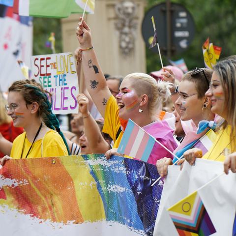 A group of young people at a Pride march holding LGBTQIA+ flags and banners