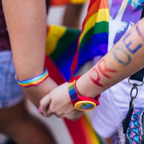 Two people holding hands. A rainbow ribbon is wrapped around one person's wrist and on the other person's wrist is a rainbow watch with the word PRIDE painted in rainbow colours on the arm