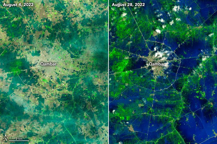 A satellite map of an area of Pakistan before and after flooding in 2022 showing a lot of blue covering what was green and brown before.