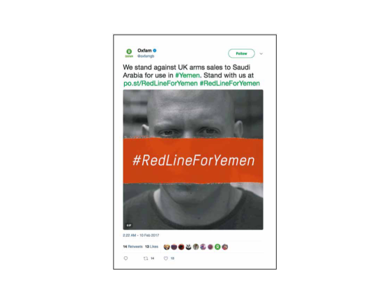 A screenshot from social media. Text reads "We stand against UK arms sales to Saudi Arabia for use in #Yemen. Stand with us."