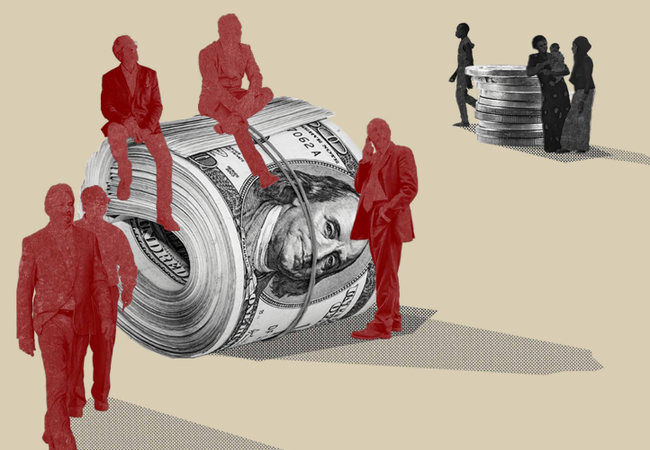 Graphic with a pale beige background that depicts 5 men in red silhouette stood around or sat on a large roll of 100 dollar bills. In the background is a black and white graphic of two women, a baby and a young man stood next to a small pile of coins