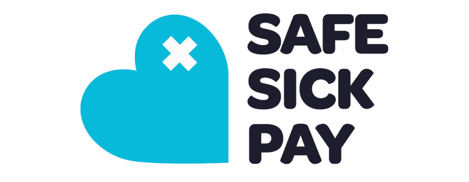 Logo for the Safe Sick Pay campaign that features the name in black text, a pale blue heart with a white medical cross in the corner of the heart..