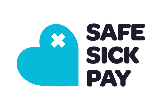 Logo for the Safe Sick Pay campaign that features the name in black text, a pale blue heart with a white medical cross in the corner of the heart..