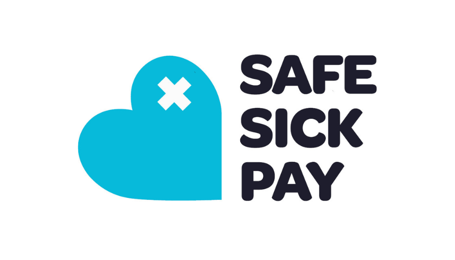 Logo for the Safe Sick Pay campaign that features the name in black text, a pale blue heart with a white medical cross in the corner of the heart..