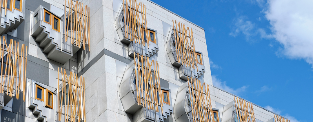 Scottish Parliament building with blue sky