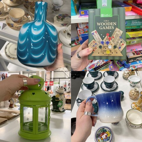 collage of 4 images showing different items found in an Oxfam shop including a mug, tea light holder, vase and board game