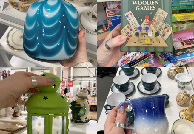 collage of 4 images showing different items found in an Oxfam shop including a mug, tea light holder, vase and board game
