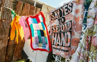 Oxfam's 'Secondhand September' washing line at Glastonbury Festival 2019. Photo: Sam Baggette/Oxfam
