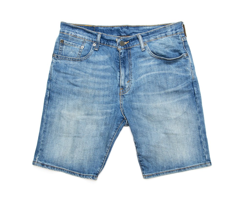 A pair of blue knee-length denim shorts