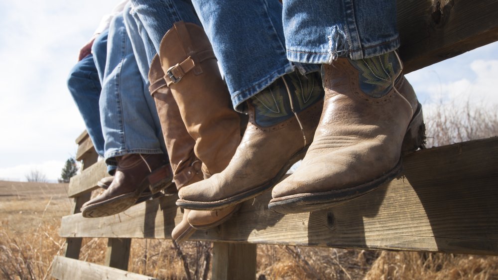 People jean-clothed legs shown in photo of people sitting along a fence in jeans and cowboy boots
