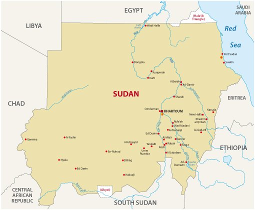 Map of Sudan in tan at the centre, with red dots marking major cities, including Khartoum where the Blue Nile and White Nile meet. Nearby countries are labeled: Libya and Chad to the west, Egypt to the north, Eritrea and Ethiopia to the east, South Sudan