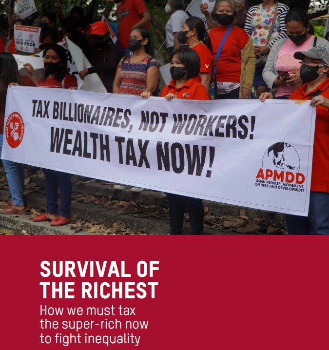 A group of women at a demonstration holding a large banner that reads "Tax billionaires, not workers! Wealth tax now!" The foreground sponsor logo is for the Asian Peoples' Movement on Debt and Development.
