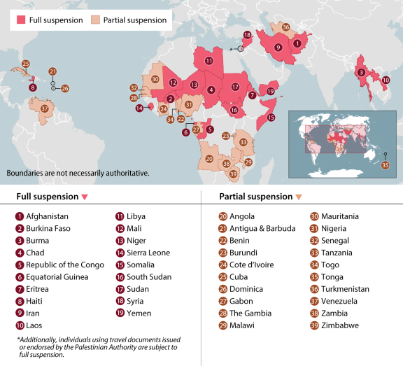 Map of the world showing countries in red that have a full travel suspension to the USA and countries in orange that have a partial suspension.