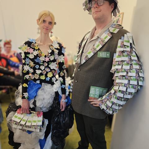 eye-catching outfits created by Chris for this year's Argyll & Bute Volunteer of the Year Awards and worn by Oxfam volunteers Paul Barnard and Jade-Heather Griffiths.