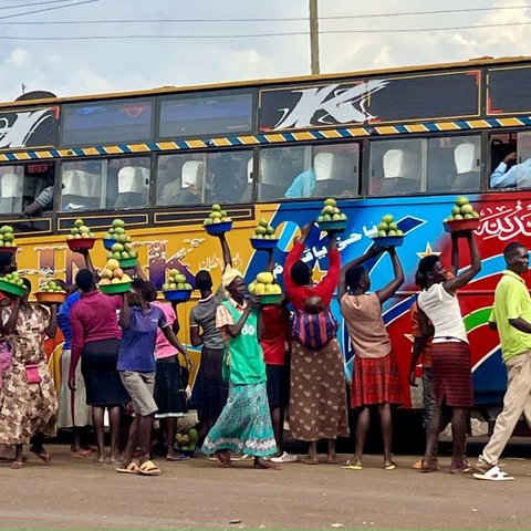Women stood beside a colourful bus holding up baskets of mangos to sell to the passengers.