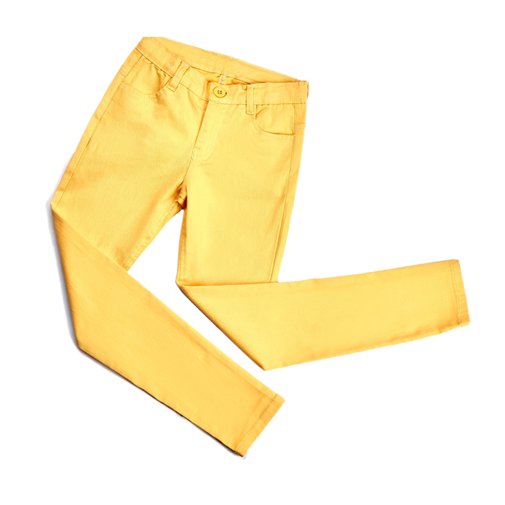 Yellow trousers laid out to look like they're jumping in the air.