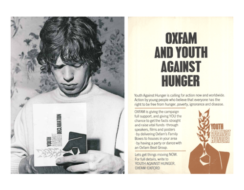 Mick Jagger signing a flyer for Oxfam's 'Youth Against Hunger' appeal