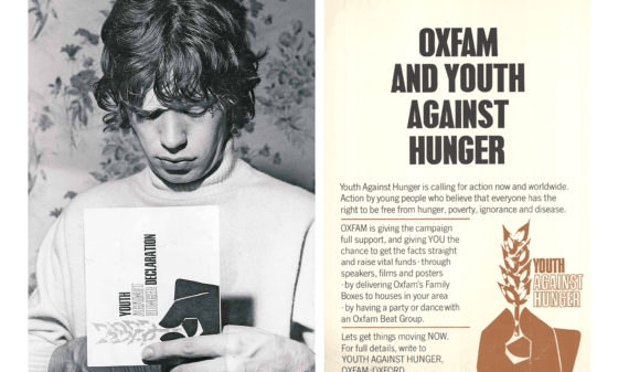 Mick Jagger signing a flyer for Oxfam's 'Youth Against Hunger' appeal