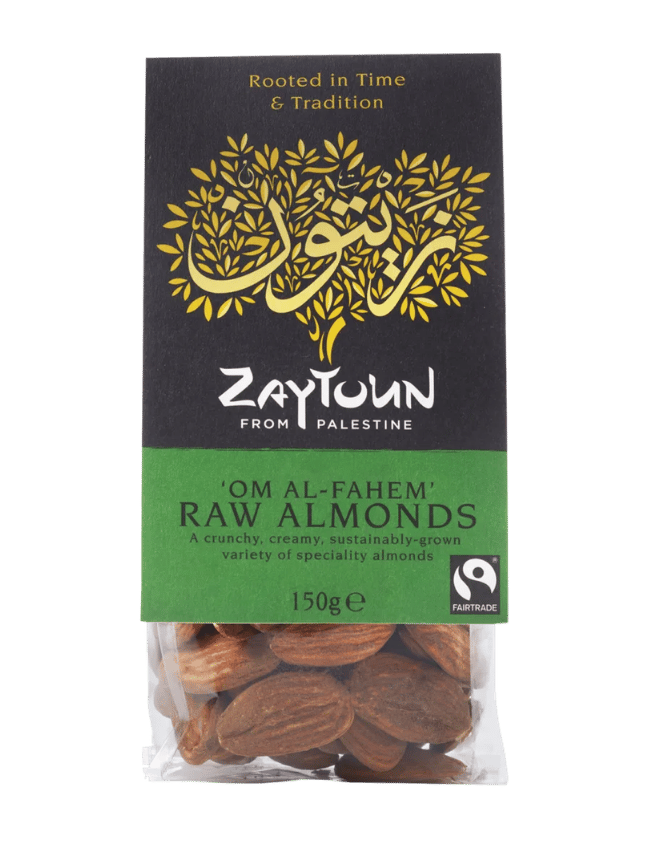 Pack of Zaytoun ‘Om Al-Fahem’ Raw Almonds, 150g. The packaging features a black and green label with a stylised gold tree incorporating Arabic calligraphy and the slogan “Rooted in Time & Tradition” at the top. The Zaytoun logo and the words “From Palesti