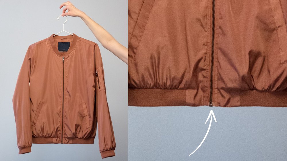 Zip on jacket and then a close up image next to it showing the zip closer.